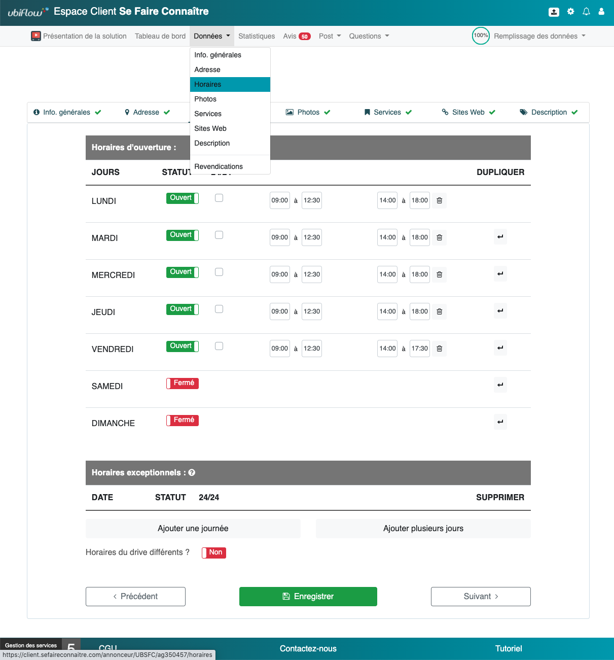 Aperçu Espace client référencement local Ubiflow