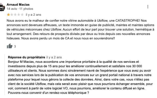 Exemple d'un avis négatif et sa réponse 