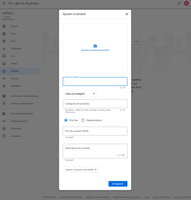 Aperçu ajout produit fiche Google My Business