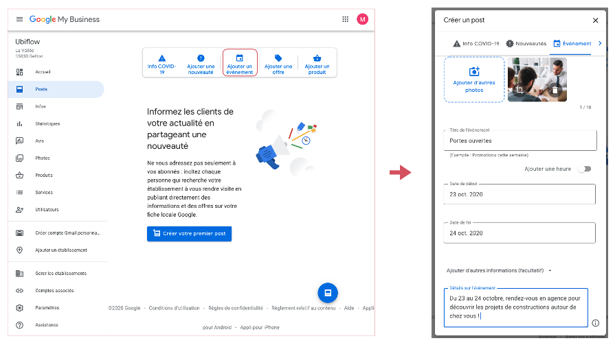 Aperçu création de post événement sur Google My Business