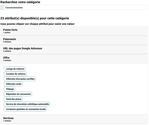 Aperçu outil recherche d'attribut en fonction de sa catégorie principale sur Google My Business