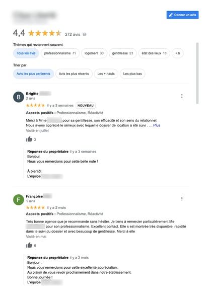 Capture d'écran d'avis Google positifs laissés sur la fiche d'une agence immobilière.