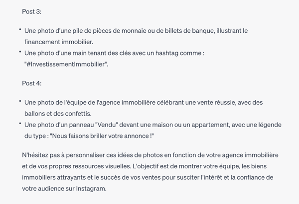 Capture d’écran Chat GPT - idées de photos immo pour Instagram - Crédit : Ubiflow