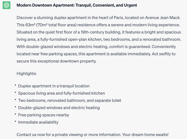 Capture d’écran chat GPT annonce immobilière en anglais - Crédit : Ubiflow