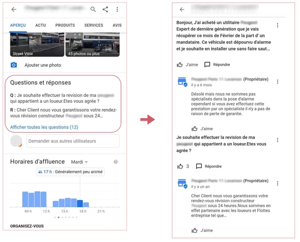  section questions réponses correctement tenue sur une fiche Google My Business de concession