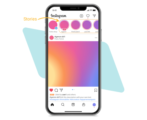 Légende qui montre où se situent les Stories sur l'accueil Instagram