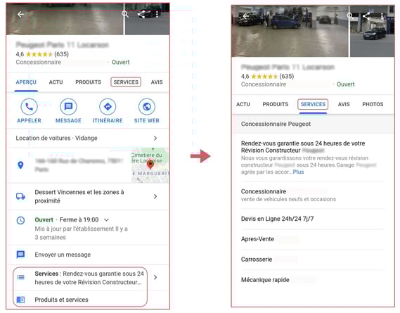 section services sur une fiche Google My Business de concession remplie