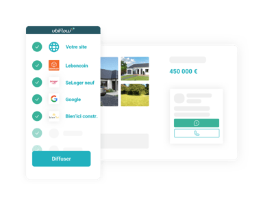 Illustration de la diffusion Ubiflow pour les CMI. une annonce avec des photos de maisons neuves et terrain et une liste de portails immobiliers